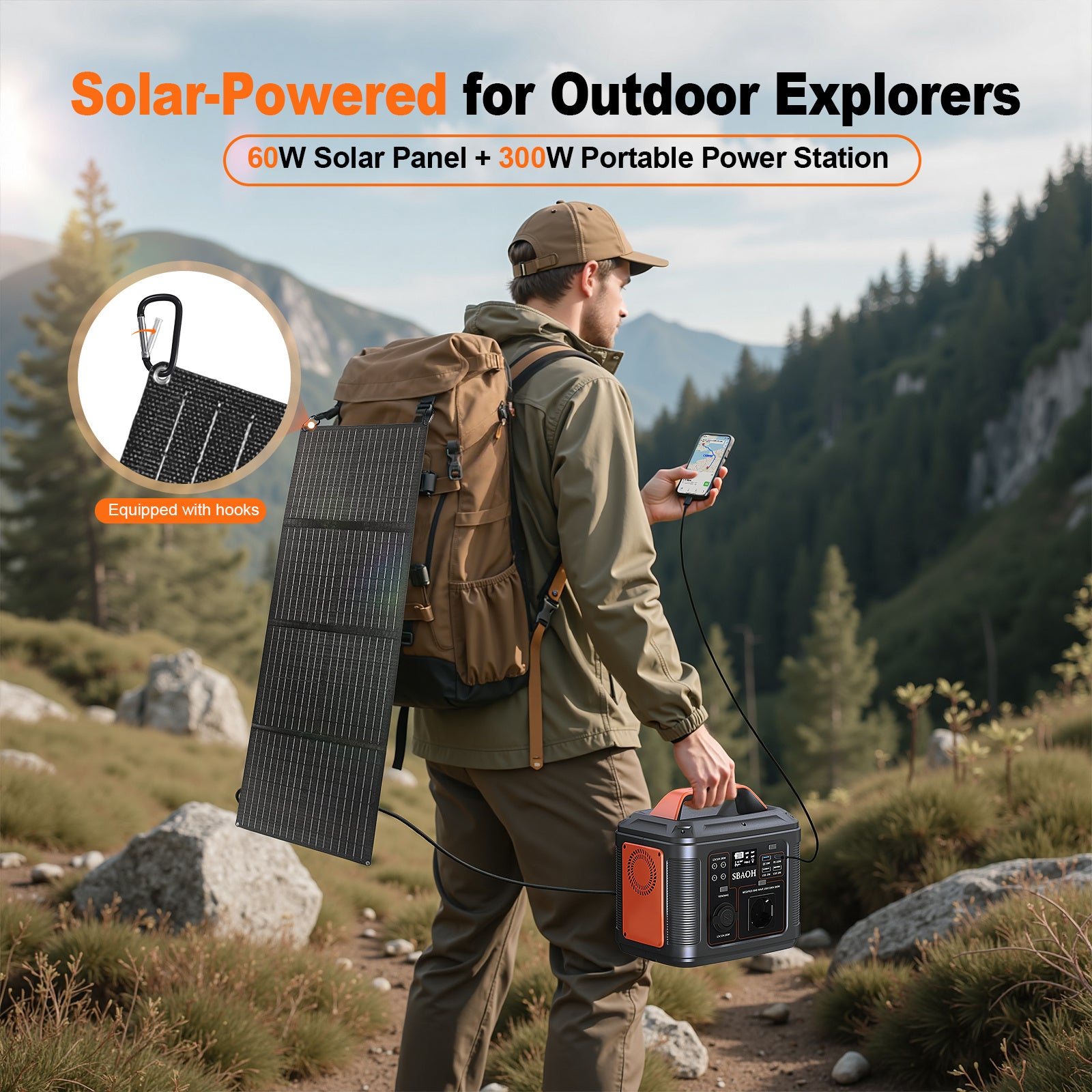 SBAOH 300W Portable Power Station,296Wh 80000mAh Outdoor Solar Generator For Outdoor Camping, Home Backup,Power Outage,with 60W Solar Panel